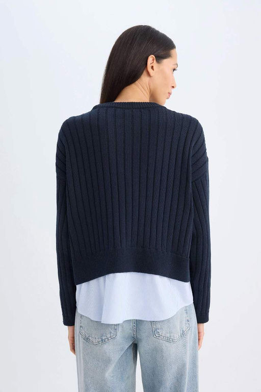 Женский темно-синий свитер в рубчик свободного кроя с круглым вырезом и подола - Defacto фото 6