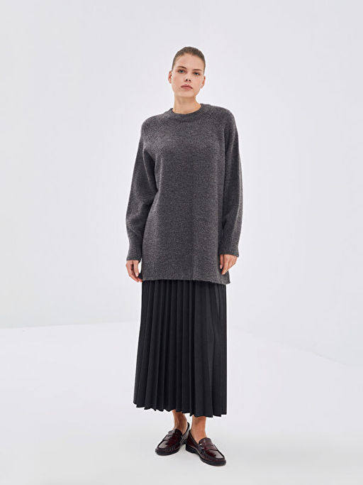 Bisiklet Yaka D?z Uzun Kollu Kad?n Triko Tunik