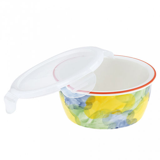 Акварель Салатник-контейнер фарфоровый 900мл, д16,7х7,3см, круглый, с деколью, отводка, пластмассовая крышка, герметичная, с клипсами, с силиконовым уплотнителем (Китай) - Домашняя мода фото 3