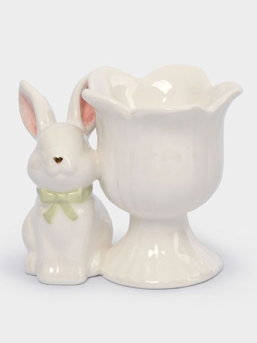 Подставка для яйца, 7 см, керамика, молочно-золотистая, Кролик с цветком, White Rabbit