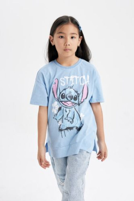 K?z Cocuk Disney Lilo & Stitch Oversize Genis Kal?p Bisiklet Yaka K?sa Kollu Tisort