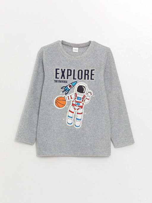 Bisiklet Yaka Bask?l? Uzun Kollu Polar Erkek ?ocuk Pijama Tak?m?