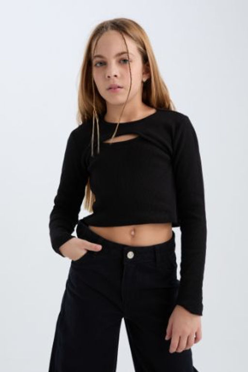K?z Cocuk Slim Fit Dar Kesim Bisiklet Yaka Fitilli Kaskorse Uzun Kollu Siyah Tisort