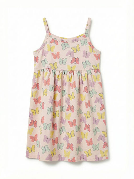 Kare Yaka Kelebek Desenli K?z ?ocuk Elbise