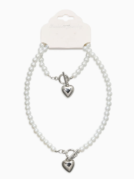 Набор 2 пред-та: бусы.браслет "Жемчуг", сердце, цвет белый в серебре L=18/42см №8
