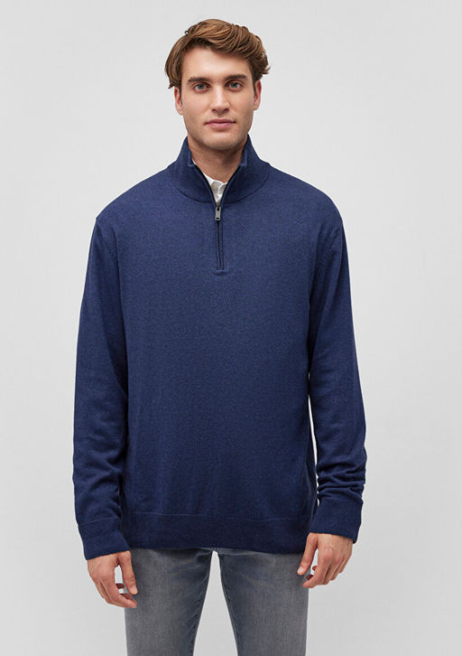 Yar? Fermuarl? Dik Yaka Lacivert Kazak - Mavi фото 3