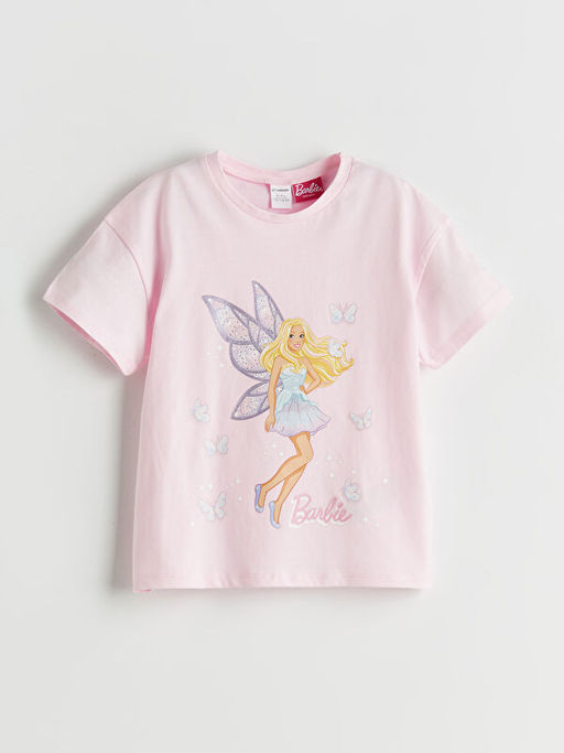 Bisiklet Yaka Barbie Bask?l? K?z ?ocuk Ti??rt