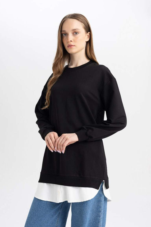 Толстовка-туника стандартного кроя с круглым вырезом - Defacto фото 3