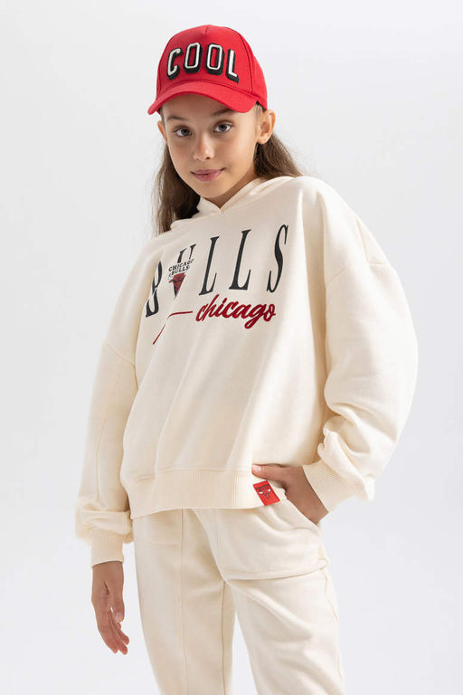 Толстовка свободного кроя с капюшоном NBA Chicago Bulls для девочек - Defacto фото 4