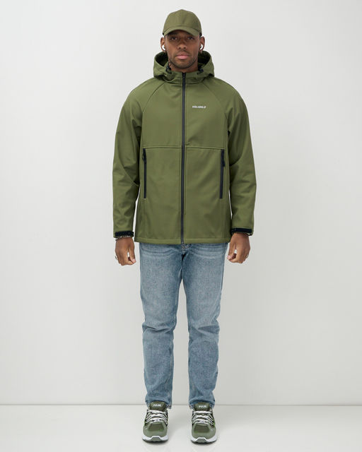 Ветровка спортивная мужская с капюшоном softshell цвета хаки 9563Kh