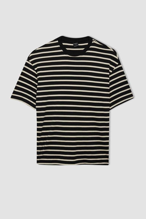 Полосатая футболка из плотной ткани с короткими рукавами и круглым вырезом Comfort Fit - Defacto фото 7