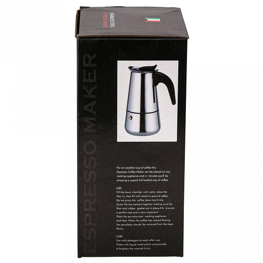 Кофеварка из нержавеющей стали, гейзерная, на 4 чашки, 250мл д8,5см h16см, бакелитовая ручка, подарочная коробка (Китай)