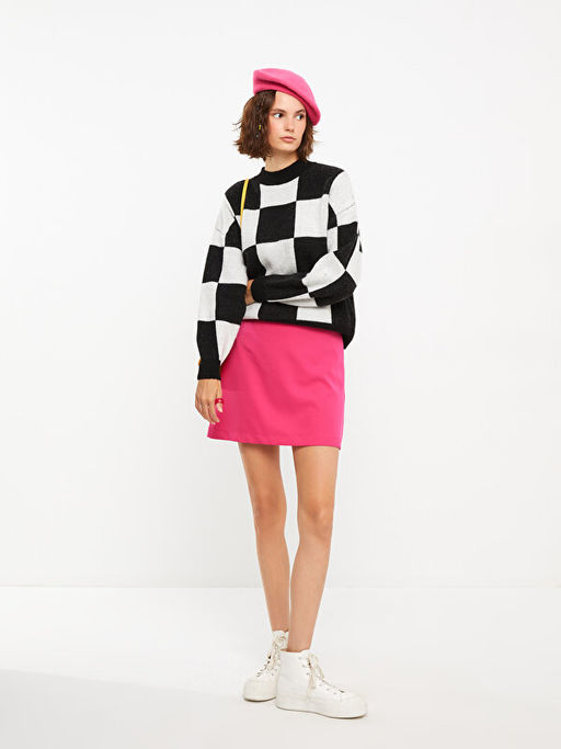 Bisiklet Yaka Ekose Uzun Kollu Kad?n Triko Kazak