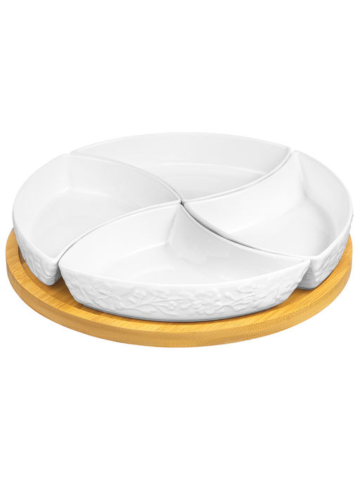 Менажница 25*25*6 см "Цветущая сакура" 4 секции на крутящ. дерев. подставке