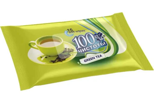 100% Чистоты Влажные салфетки (15шт) с ароматом Зеленого чая п/п.140 арт-2/1/15-1
