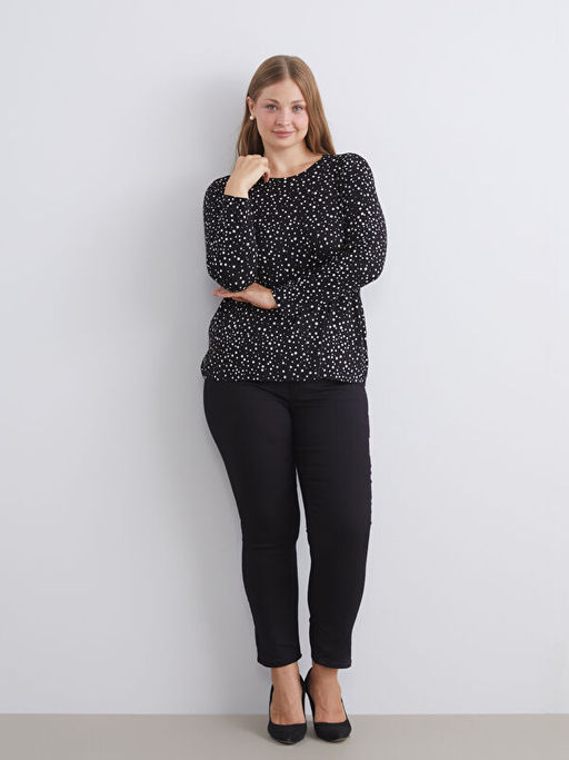 B?y?k Beden Bisiklet Yaka Desenli Bluz