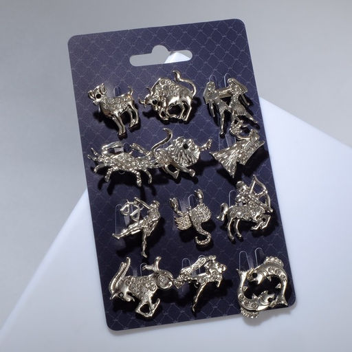 Цена за 12 шт. Брошь «Знаки зодиака» ассорти, гороскоп, белая в серебре