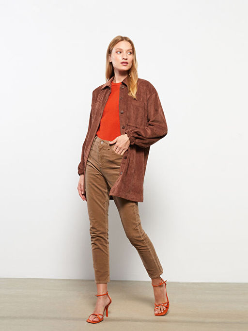 Normal Bel Dar Fit D?z Kadife Kad?n Pantolon