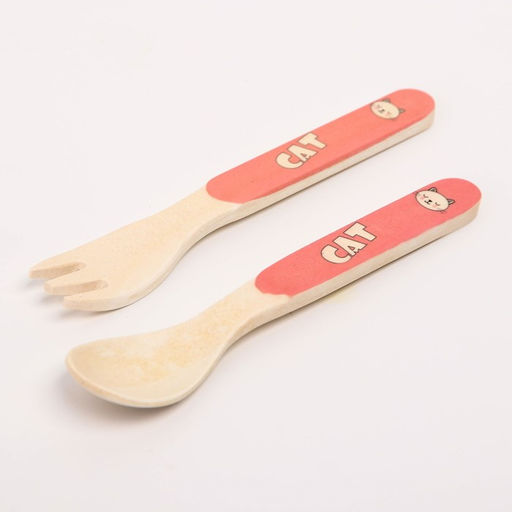 Набор детской бамбуковой посуды Кошечка, тарелка, миска, стакан, приборы, 5 предметов - Крошка я фото 8