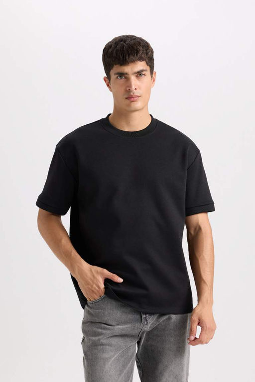 Oversize Genis Kal?p Bisiklet Yaka Basic Duz K?sa Kollu Ag?r Kumas Tisort - Defacto фото 2