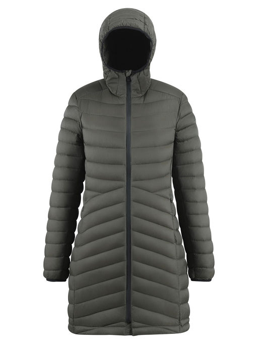 Куртка женская удлинённая стёганая с капюшоном и графеновой подкладкой цвета хаки 9628_1Kh