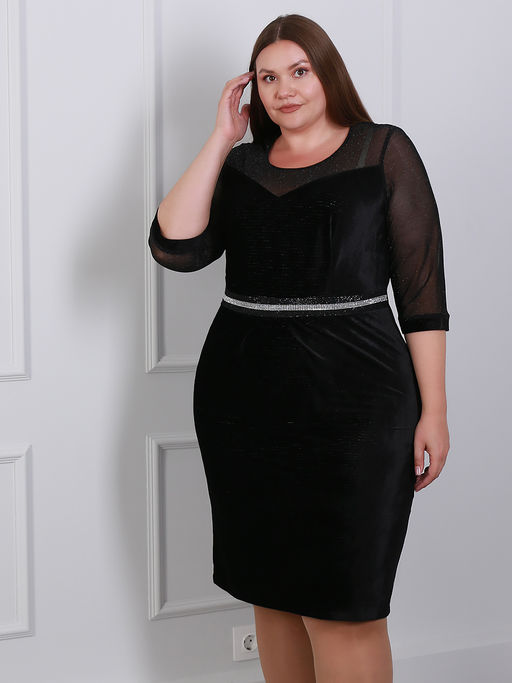 Платье из черного бархата с прозрачными рукавами праздничное - Almond фото 5