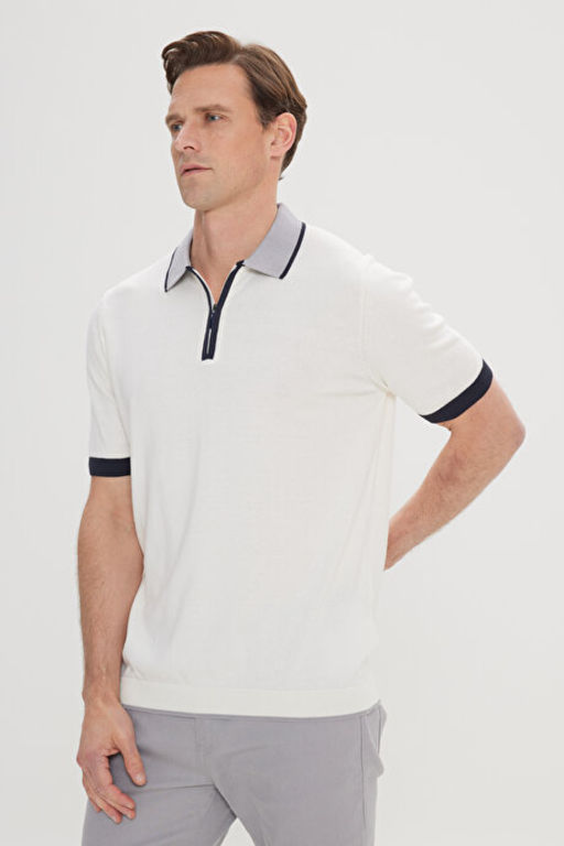 Standart Fit Normal Kesim %100 Pamuk Fermuarl_ Polo Yaka Ekru Triko Ti__rt 4A4924200001EKR