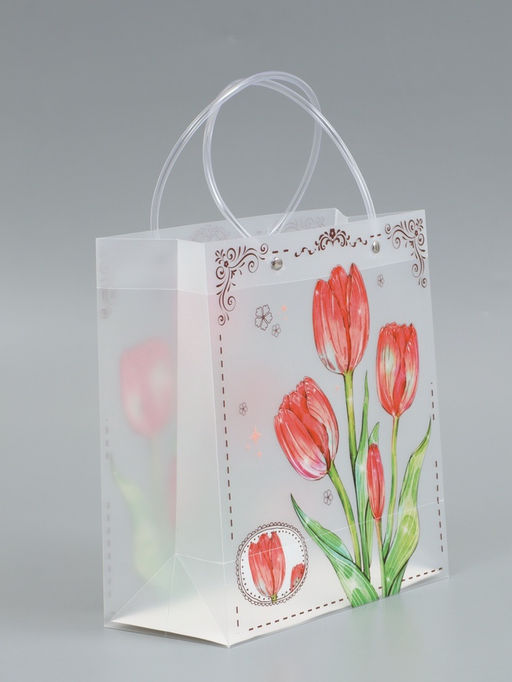 Пакет подарочный прозрачный, "Тюльпаны", 22 х 10 х 24 см