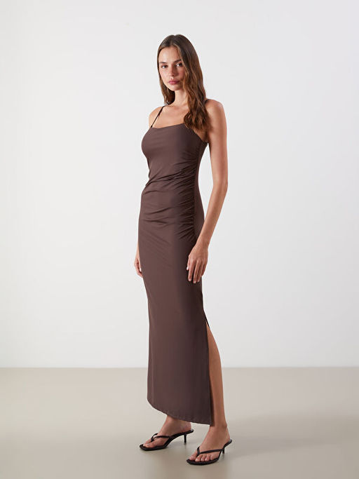 Kare Yaka Ask?l? B?zg?l? Elbise