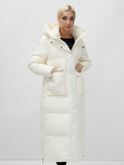 Пальто утепленное стеганное зимнее с капюшоном женское бежевого цвета 9602B - Mtforce фото 11