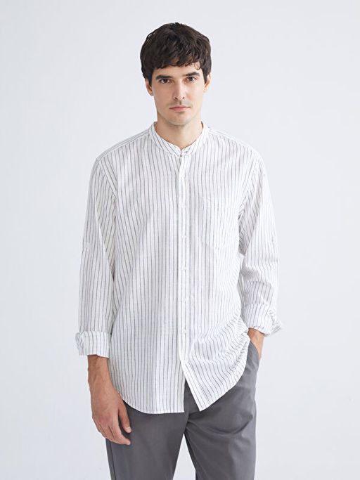 Regular Fit Hakim Yaka Erkek ?izgili Poplin G?mlek
