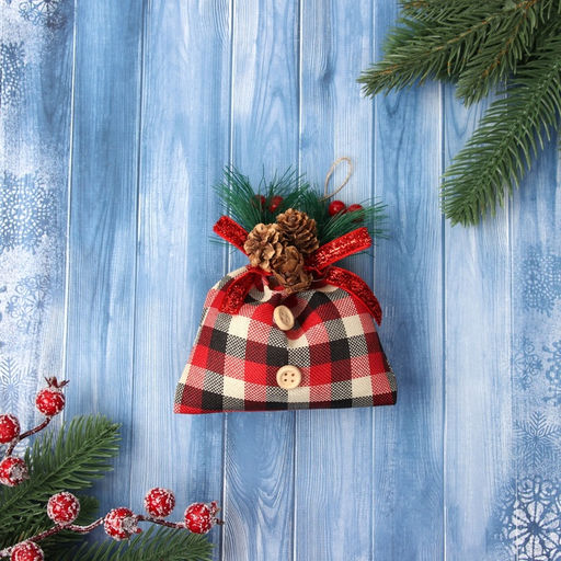 Цена за 2 шт. Ёлочная игрушка Новогодний мешочек в клетку 12.58.5 см, красный