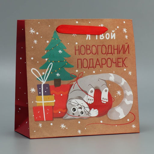 Цена за 2 шт. Пакет подарочный новогодний крафтовый квадратный Подарочек, 22?22?11 см