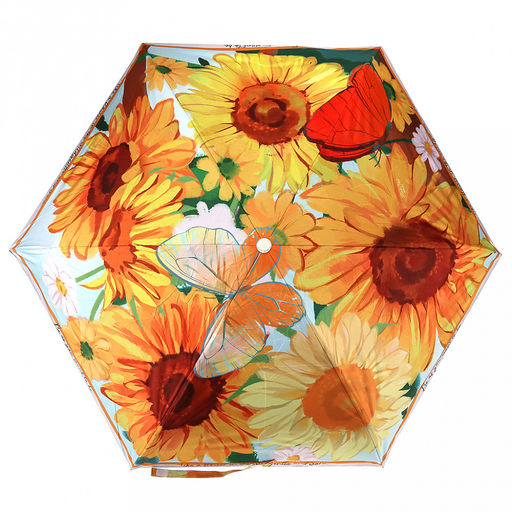 Зонт-мини механический Цветы и бабочки ткань эпонж (полиэстер) с деколью + черное УФ-покрытие, 6 лучей, д/купола 91см, 5 сложений, 17см в сложенном виде, механизм против ветра, пластмассовая ручка, подсолнухи, 223гр (Китай) - Домашняя Мода фото 4