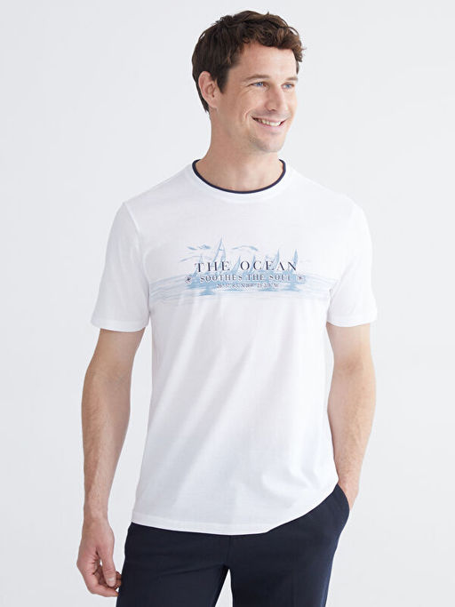 Bisiklet Yaka Bask?l? Penye Erkek Ti??rt