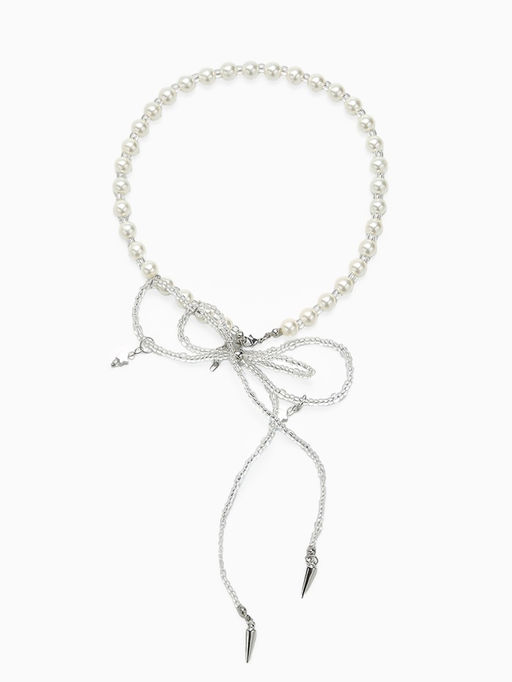 Бусы «Бантик» с жемчугом, белые в серебре, 37 см