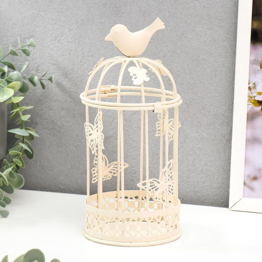 Металлический подсвечник-фонарь 1 свеча «Птица и клетка с бабочками», белый, 21.5×10×10 см