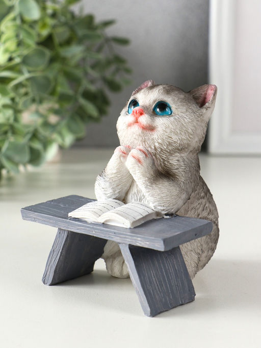 Фигурка полистоун «Котик с книгой за партой», серый, 9×8.5×9.5 см