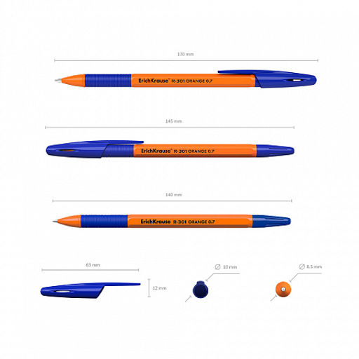 Цена за 50 шт. Ручка шариковая ErichKrause R-301 Stick&Grip Orange 0.7, цвет чернил синий (в коробке по 50 шт.)  фото 20