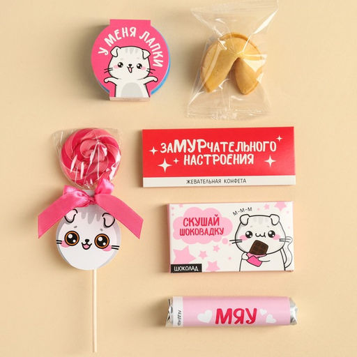 Подарочный набор Котик в бенто коробке: леденец со вкусом малины 15 г., леденецы в тубусе мульти 32 г., жевательная резинка 15 г., молочный шоколад 27 г., печенье с предсказанием 6 г., жевательная конфета 10 г. - Фабрика счастья фото 3