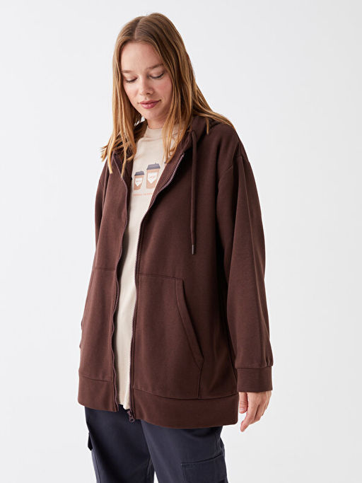 Kap??onlu D?z Oversize Kad?n Kal?n Fermuarl? Sweatshirt