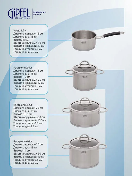 1503 GIPFEL Набор посуды SIGNO 7пр. (ковш 16х8см/1,7л, кастрюля 16х12см/2,4л с крышкой, кастрюля 20х10,5см/3,2л с крышкой, кастрюля 20x14см/4,4л с крышкой), с индукционным капсульным дном. Материал: н  фото 7