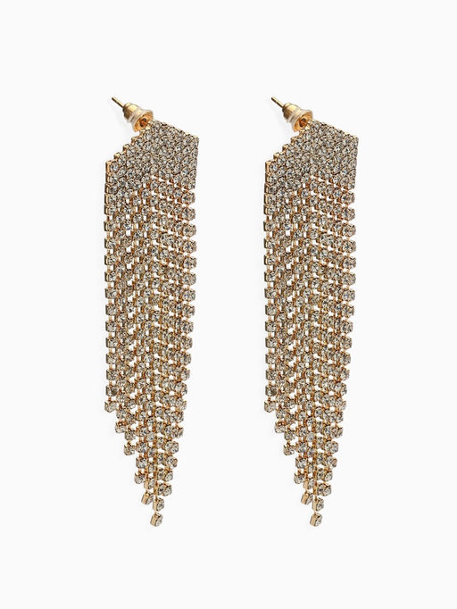 Серьги висячие со стразами Водопад мягкий ромб, белые в серебре