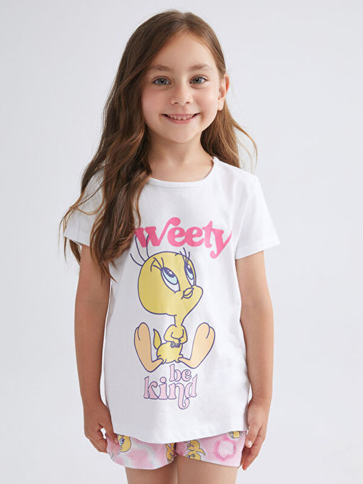 Bisiklet Yaka Tweety Bask?l? K?z ?ocuk ?ortlu Pijama Tak?m?