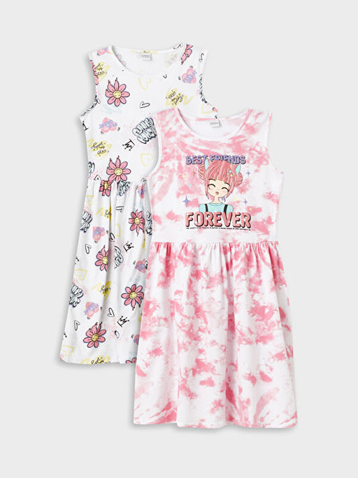 Bisiklet Yaka Desenli K?z ?ocuk Elbise 2li