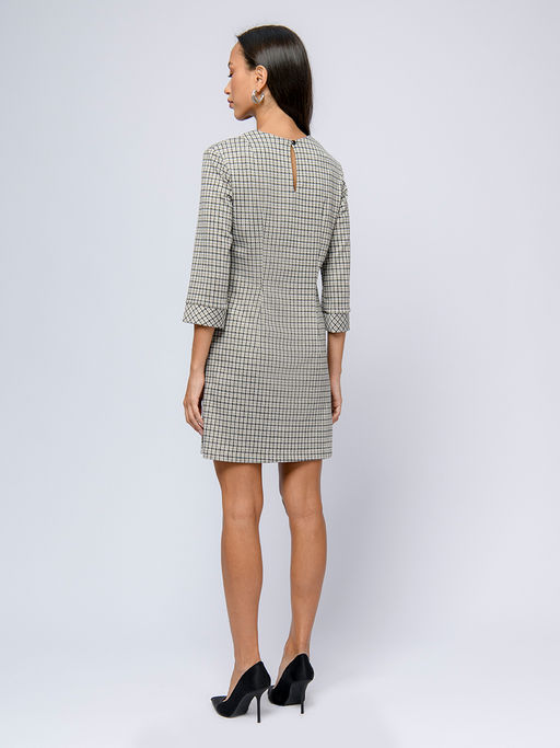 Платье бежевого цвета в клетку длины мини с рукавами 3/4 - 1001dress фото 3
