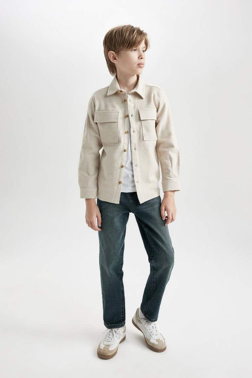 Бежевая рубашка стандартного кроя с воротником-поло и длинными рукавами и двойными карманами для мальчиков - Defacto фото 2