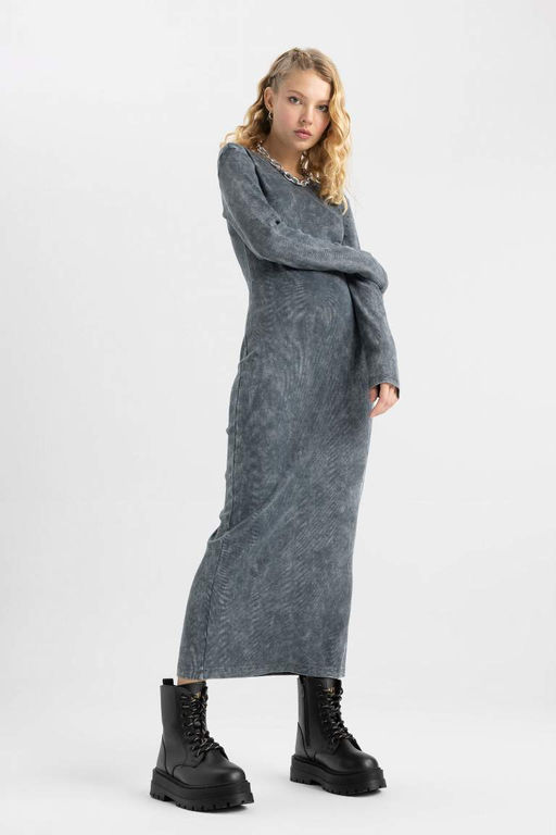 Крутое облегающее платье макси в рубчик с длинными рукавами и блестками - Defacto фото 5