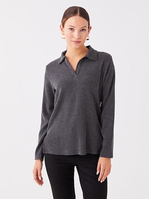 Polo Yaka D?z Uzun Kollu Kad?n Ti??rt