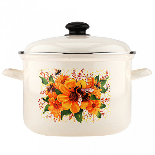 "Цветочный мед" Кастрюля эмалированная 6л, форма цилиндрическая, металлическая крышка (Россия)
